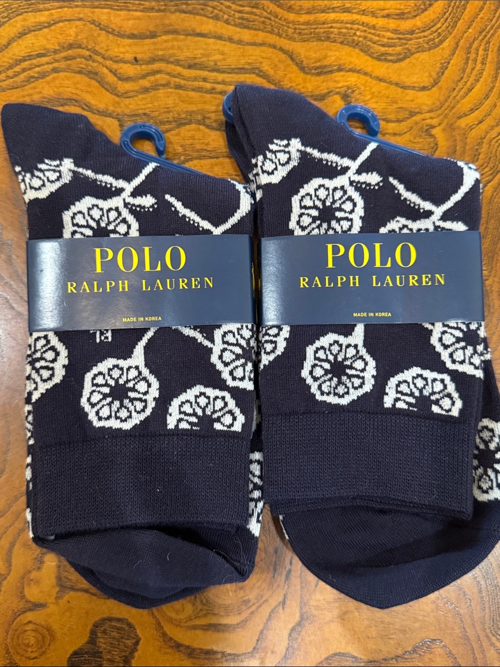 Polo by Ralph Lauren Navy Crew Socks with White Floral Motif